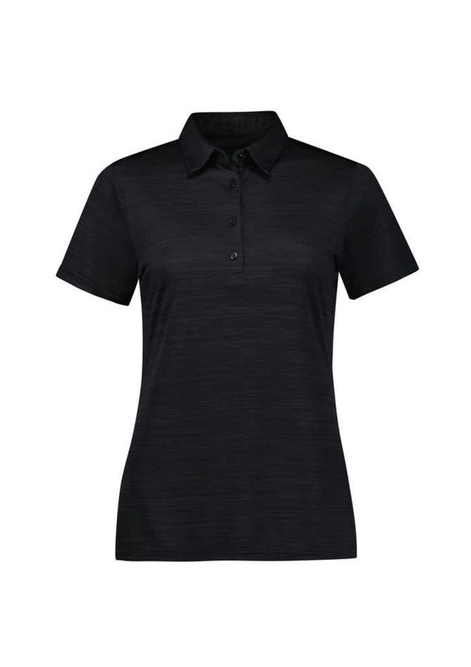 A black women's short sleeve polo shirt with a collar and button placket, featuring a subtle textured design.