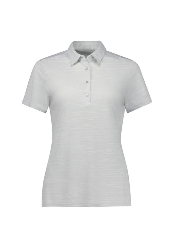 A women's short sleeve polo in a light grey colour with a button-up collar and a logo.
