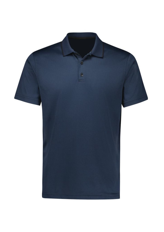 A men's short sleeve polo shirt in navy blue with a subtle pattern and a logo on the chest.