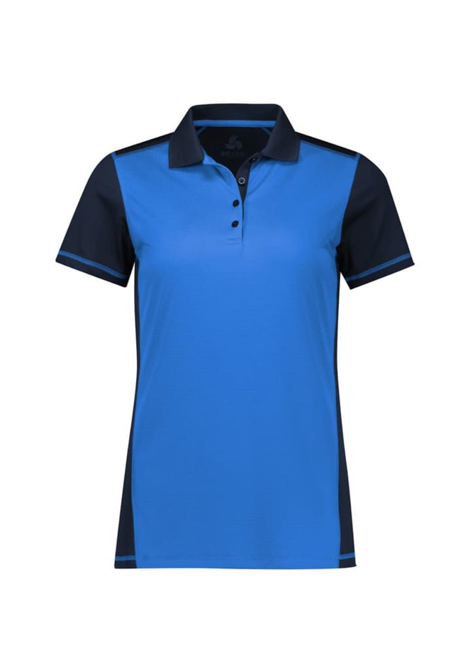 A blue and navy women's short sleeve polo shirt featuring a collar and a logo on the chest.