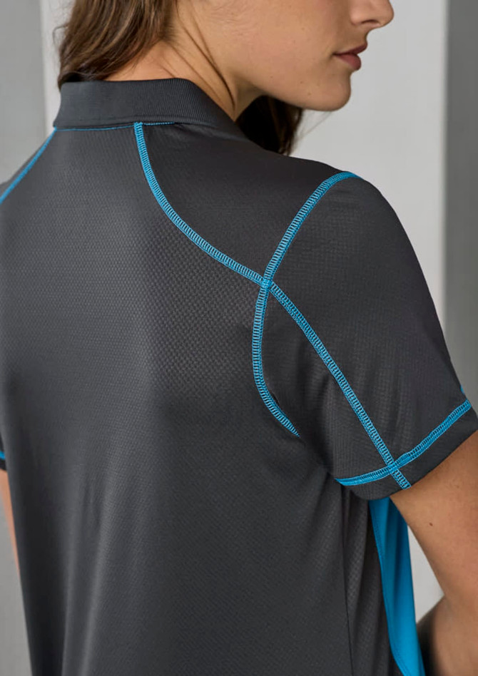 A women's dart short sleeve polo in charcoal grey with blue accents, featuring a stylish design and a logo.
