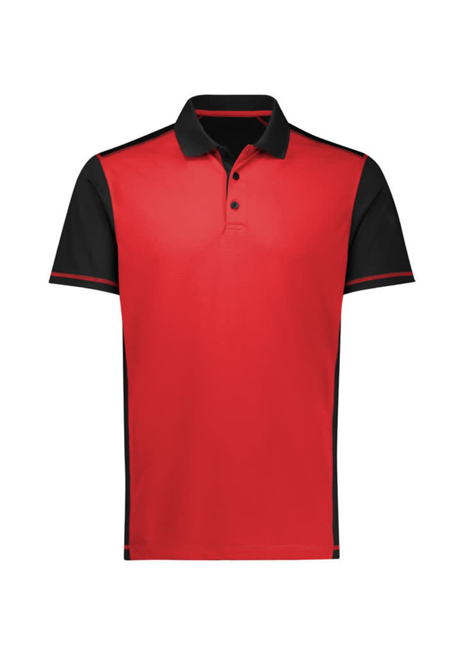 A short sleeve polo shirt in red with black accents and a logo on the chest.