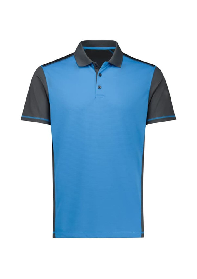 A blue and grey men's short sleeve polo shirt featuring a logo.