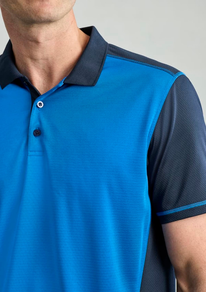 A men's short sleeve polo shirt in blue with black accents and a logo on the chest.
