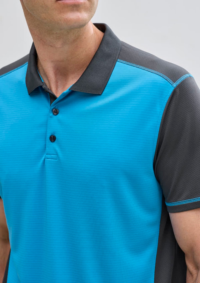 A short sleeve polo shirt featuring a blue front and gray sleeves, with a collar and button placket.