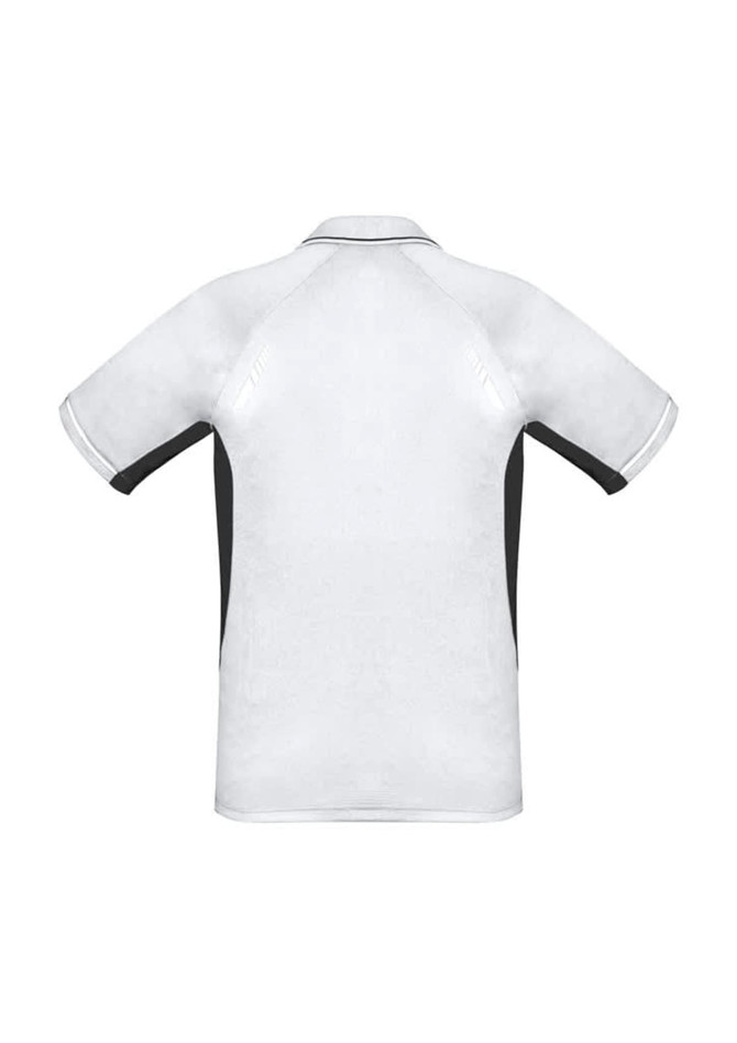 A men's short sleeve polo shirt in white and black, featuring a simple design and a logo on the front.