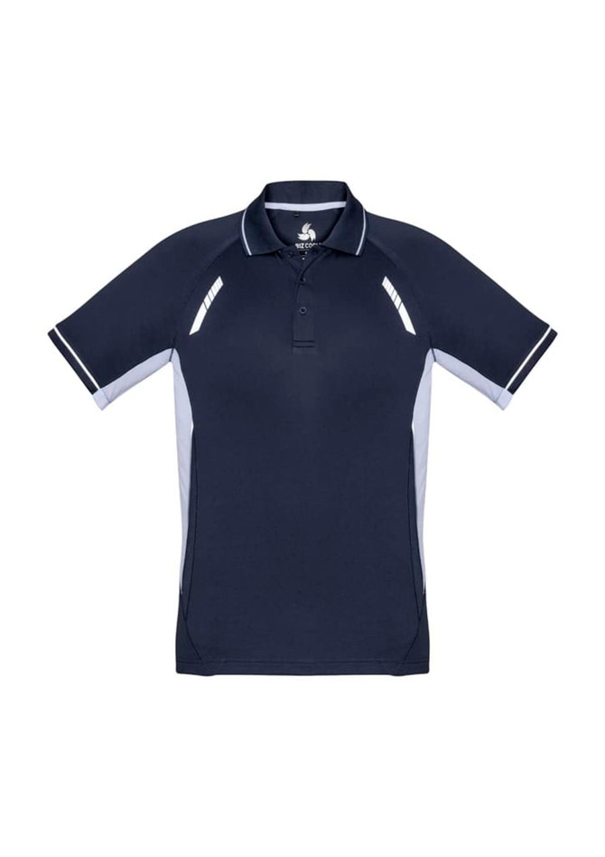 A men's short sleeve polo in navy blue with light grey side panels and a logo.