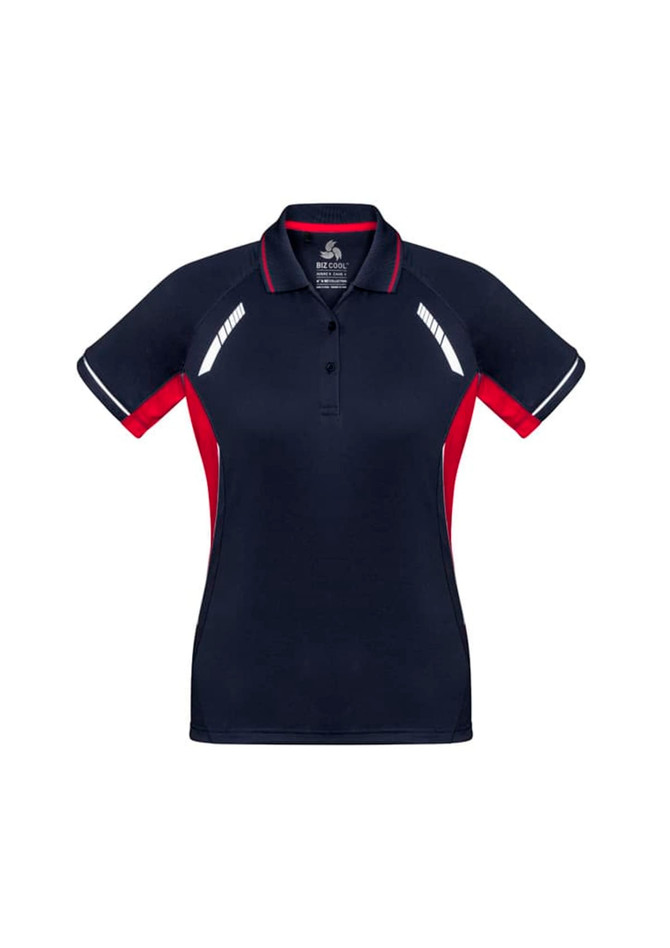 A women's short sleeve polo shirt in navy and red, featuring a logo and contrasting trim.