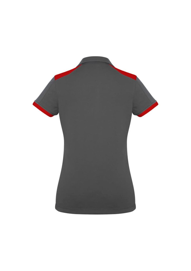 A grey women's polo shirt with red accents on the collar and sleeves, featuring a logo.