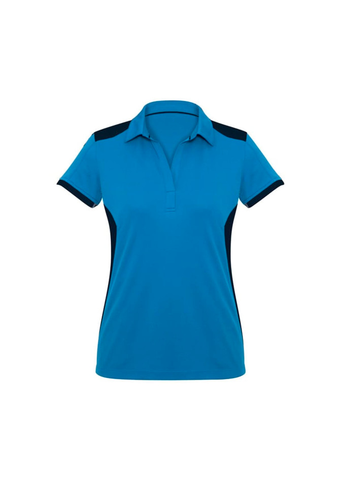 A women's polo shirt in vibrant blue, featuring black side panels and a collar. It has a logo on the chest.