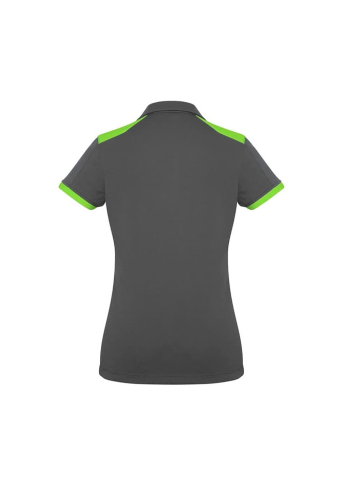 A women's short sleeve polo shirt in grey with green accents, featuring a collar and a logo.