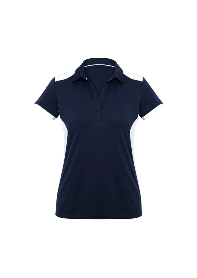 A navy blue women's polo shirt with white accents and a classic collar. It features a logo on the front.