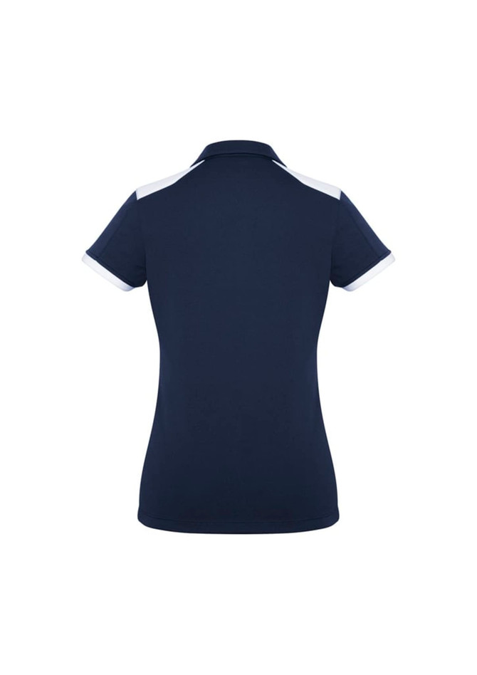 A women's polo shirt in navy with white detailing on the collar and sleeves, featuring a logo.