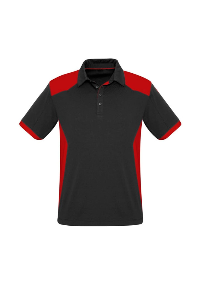 A black and red short sleeve polo shirt featuring a collar and a logo on the chest area.