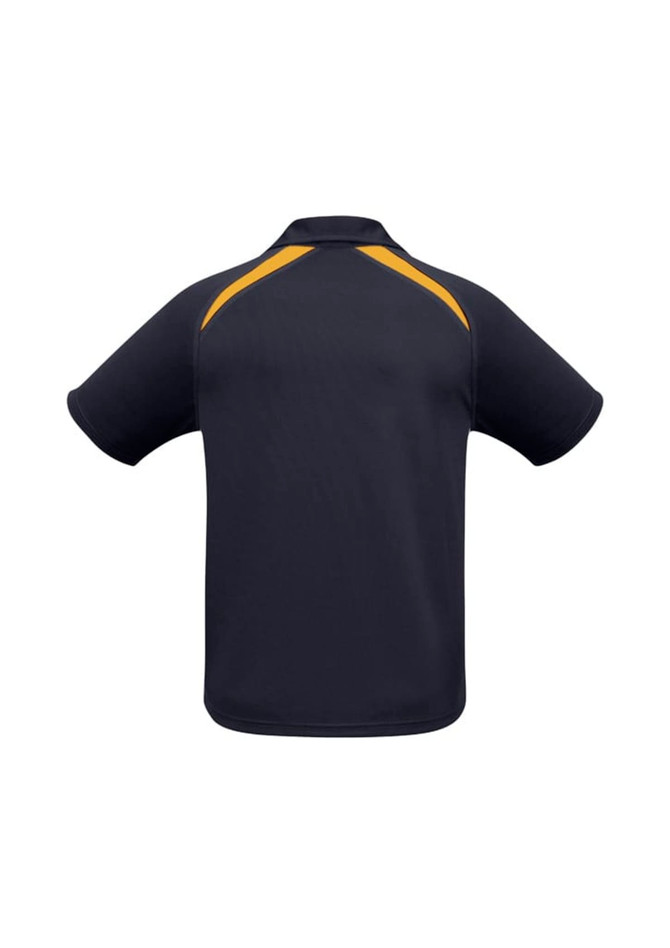 A navy blue kids' short sleeve polo shirt with yellow accents and a logo on the back.