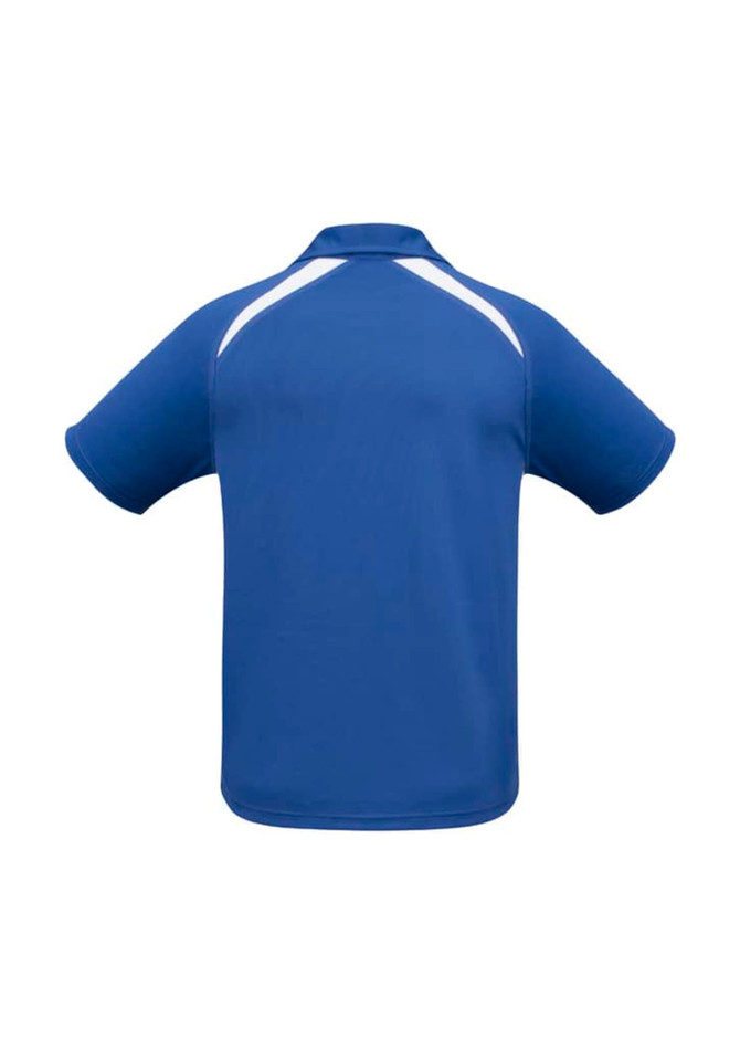 A blue kids’ polo shirt with short sleeves and a white detailing, featuring a logo on the back.