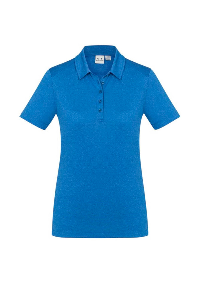 A women's short sleeve polo shirt in a vibrant blue colour, featuring a collar and buttons, with a logo on the fabric.