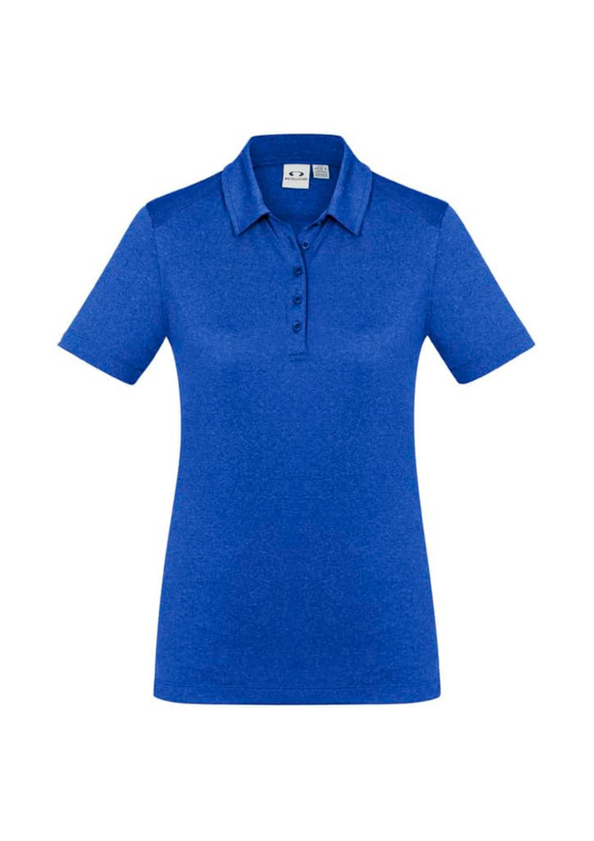 A blue women's short sleeve polo shirt with a collar and buttons, featuring a logo on the chest.