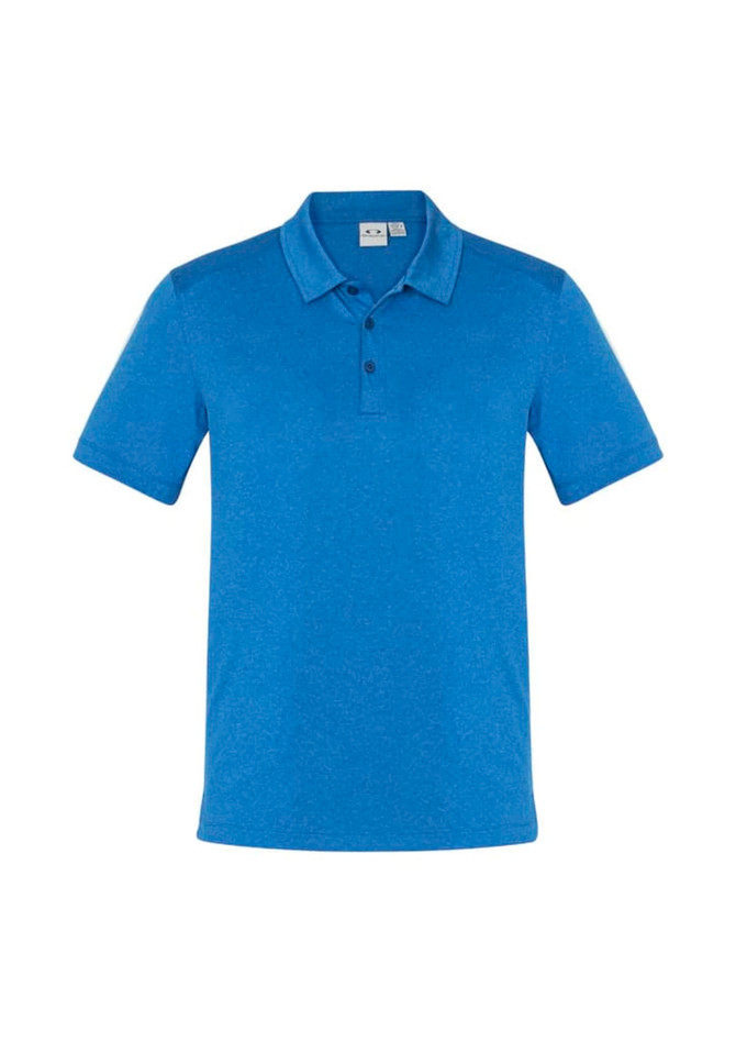 A blue short sleeve polo shirt with a collar and a logo on the chest.