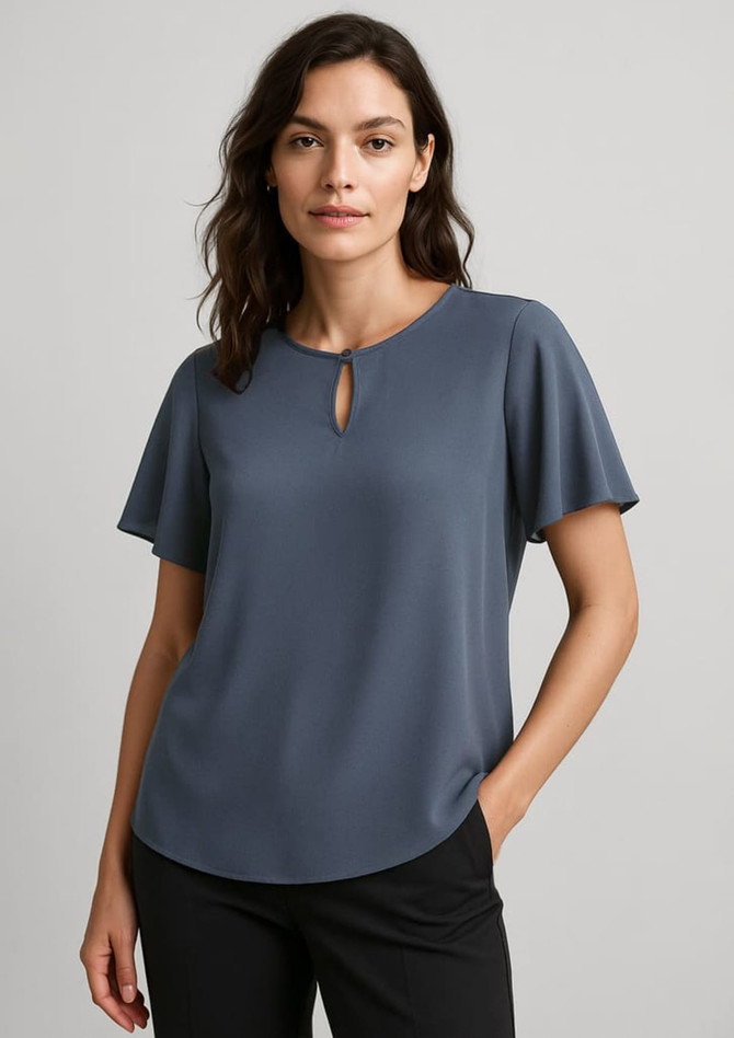A women's short sleeve blouse in a soft grey hue with a keyhole neckline and elegant flutter sleeves.