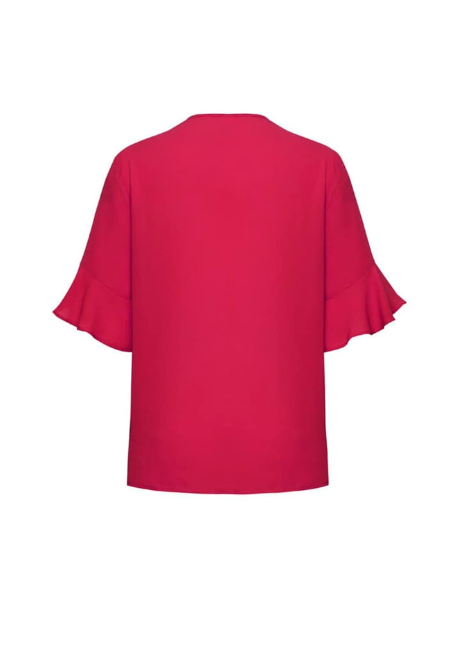A red blouse with fluted sleeves, featuring a simple back design. It has a smooth fabric and a relaxed fit.