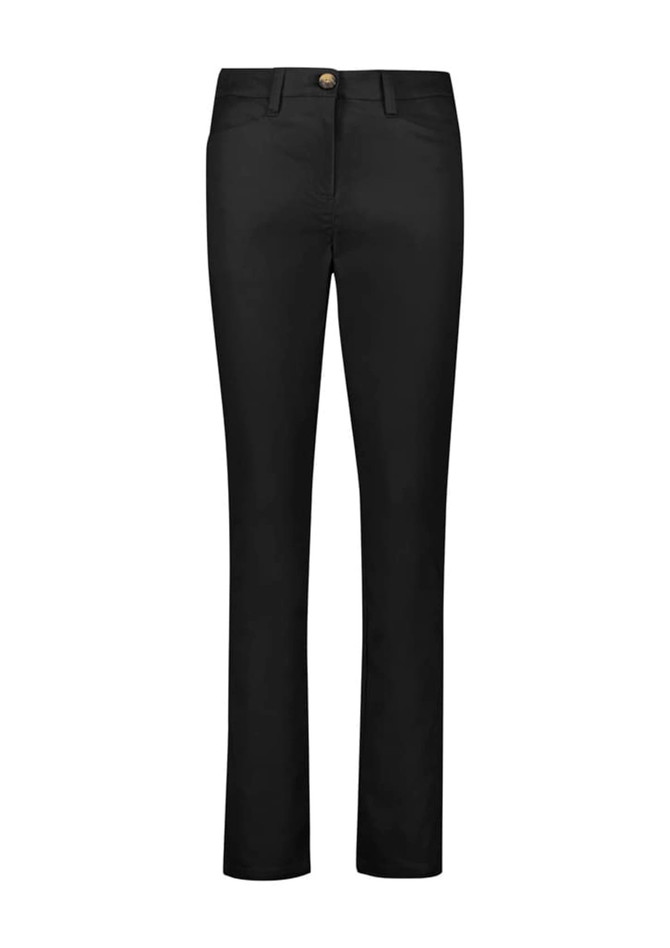 A pair of black slim leg stretch chino pants with a button closure and pockets, featuring a branding logo.