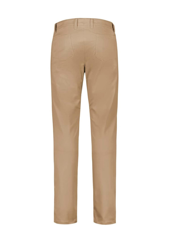 A pair of men's modern stretch chino pants in khaki, featuring a smooth back with visible stitching details.