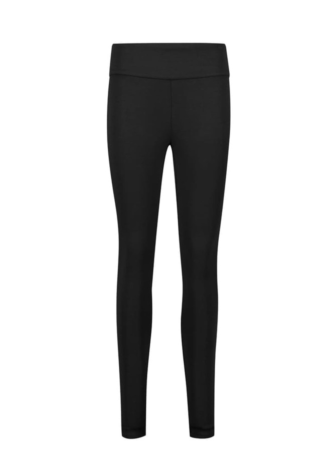 A pair of black high-rise pull-on corporate leggings with a fitted design and a waistband.