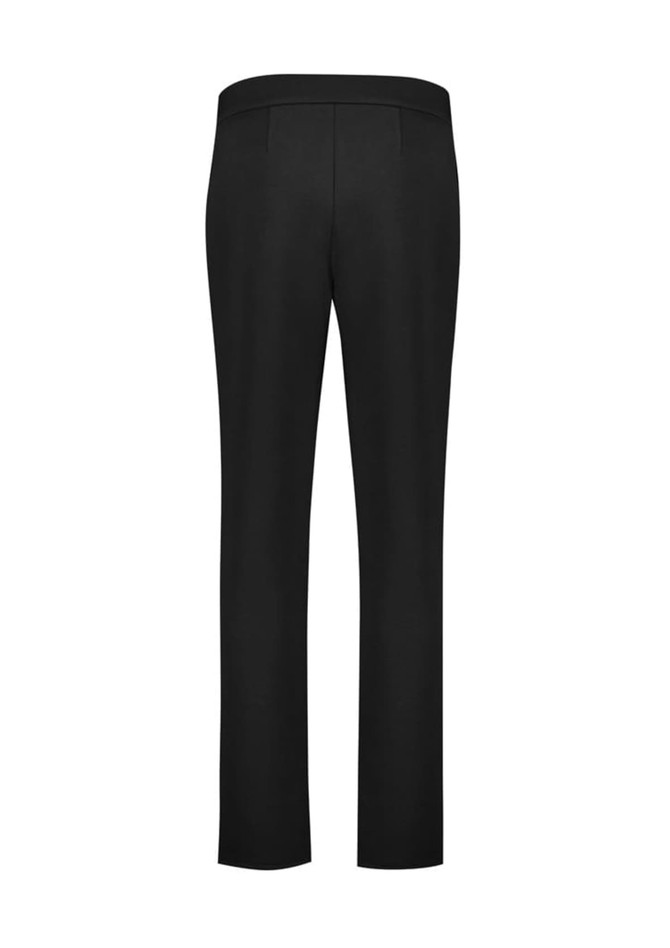 A pair of mid-rise pull-on pants in black, featuring a smooth back design and a fitted silhouette.