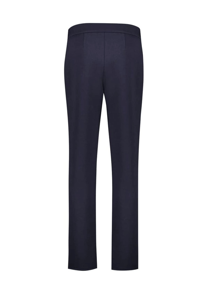 A pair of navy women's pull-on pants with a mid-rise design and a smooth finish. Features a logo on the waistband.