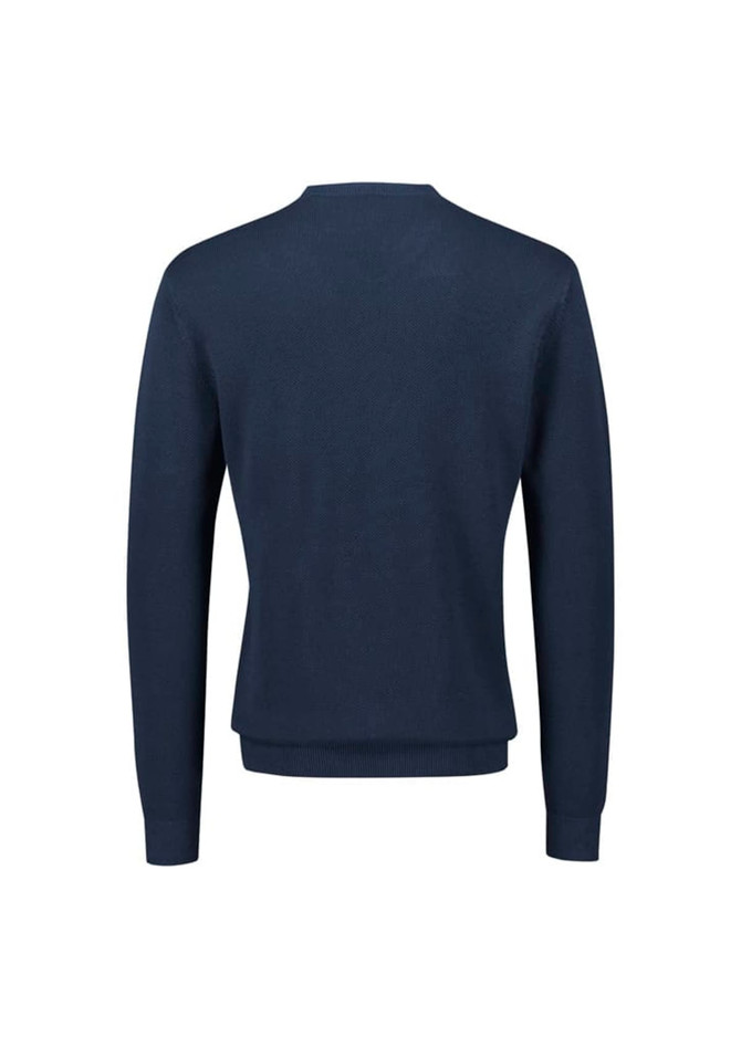A navy blue knitted jumper with long sleeves and a crew neck, featuring a plain back design.