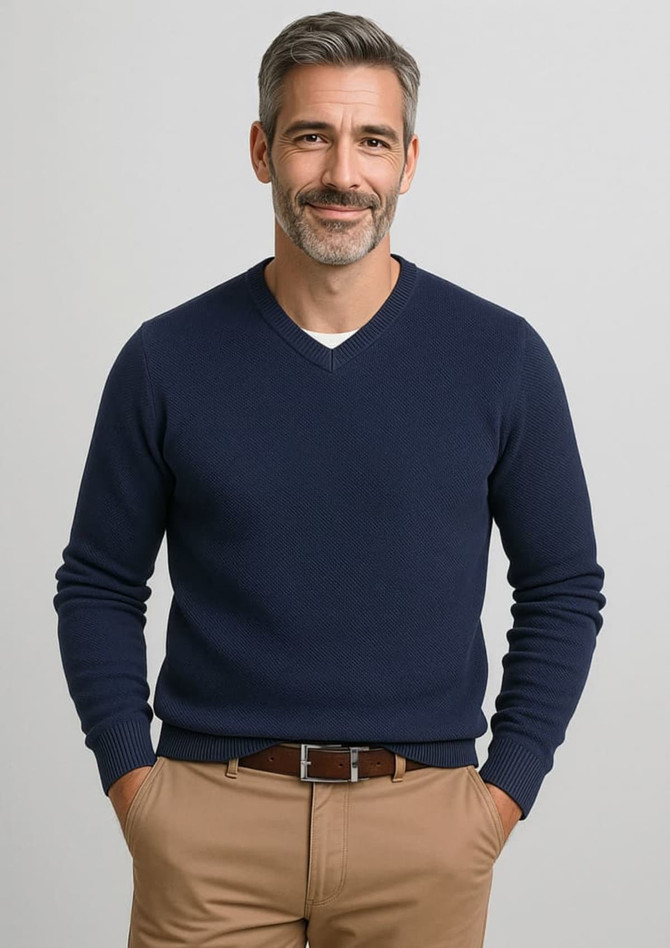 A navy knitted jumper featuring a V-neck design, worn by a smiling man with grey hair.