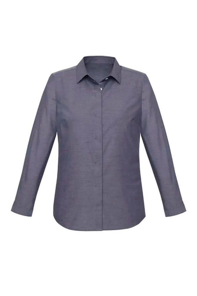 A long sleeve button-up shirt in a dark grey colour with a collar and a logo.