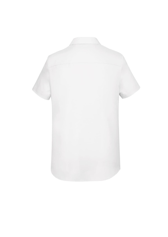A white short sleeve button-up shirt with a classic collar and a single back yoke detail. Features a logo.