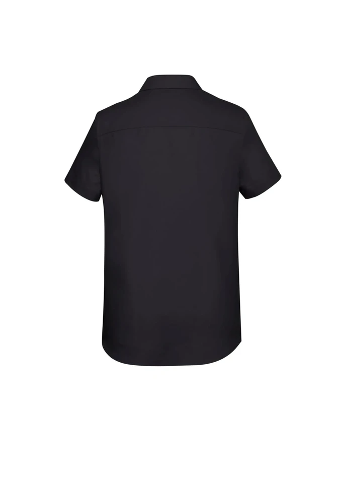 A black women's Charlie short sleeve button-up shirt featuring a simple back design and a collar.