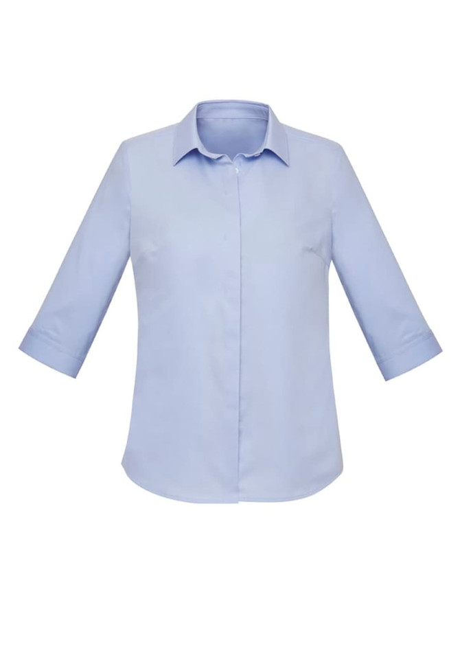 A light blue women's button-up shirt with 3/4 sleeves and a classic collar, featuring a logo on the chest.