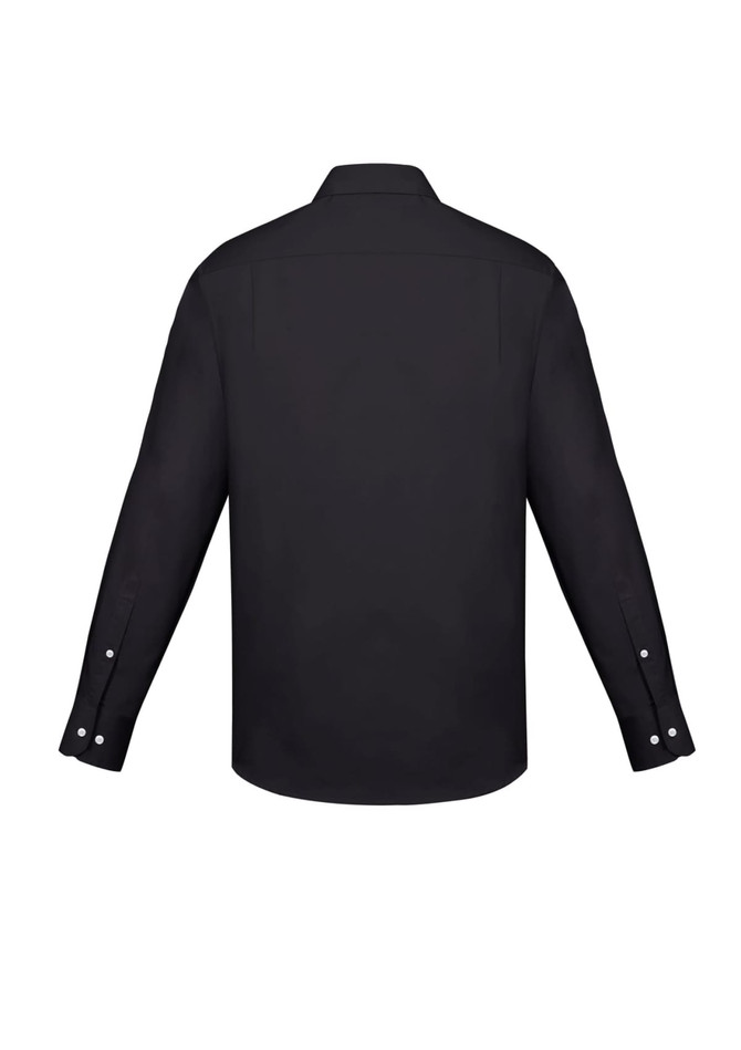 A black men's long sleeve button-up shirt with a classic fit and cuffed sleeves. It features a logo on the back.
