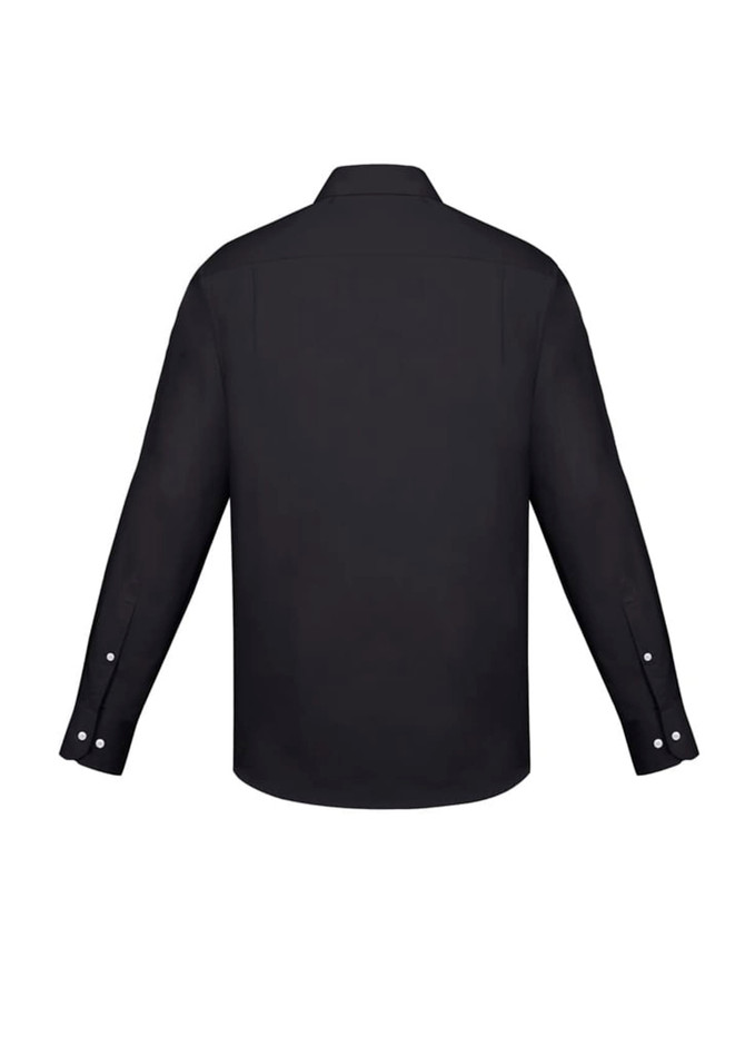 A black classic fit long sleeve button-up shirt with a back view and button details on the sleeves.