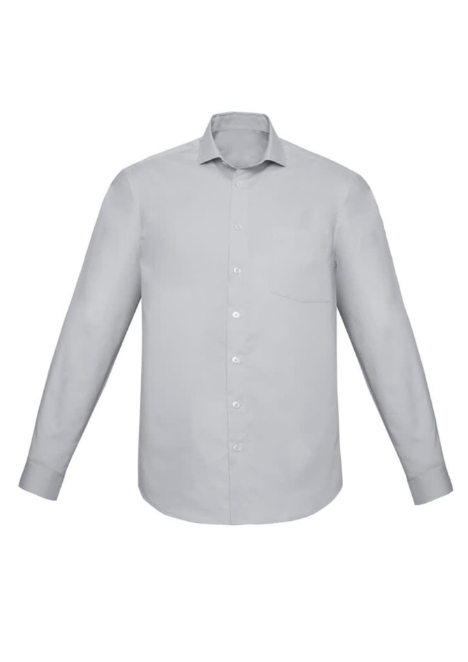 A classic fit long sleeve shirt in light grey featuring a button-up front and a single chest pocket.