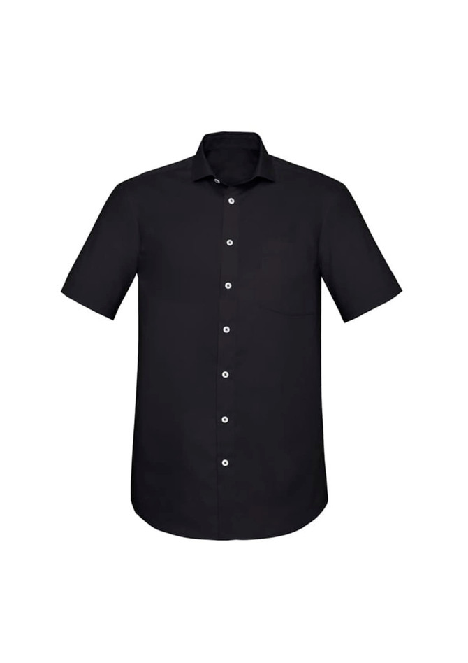 A black short sleeve button-up shirt with a classic fit and a single chest pocket. It features a logo.