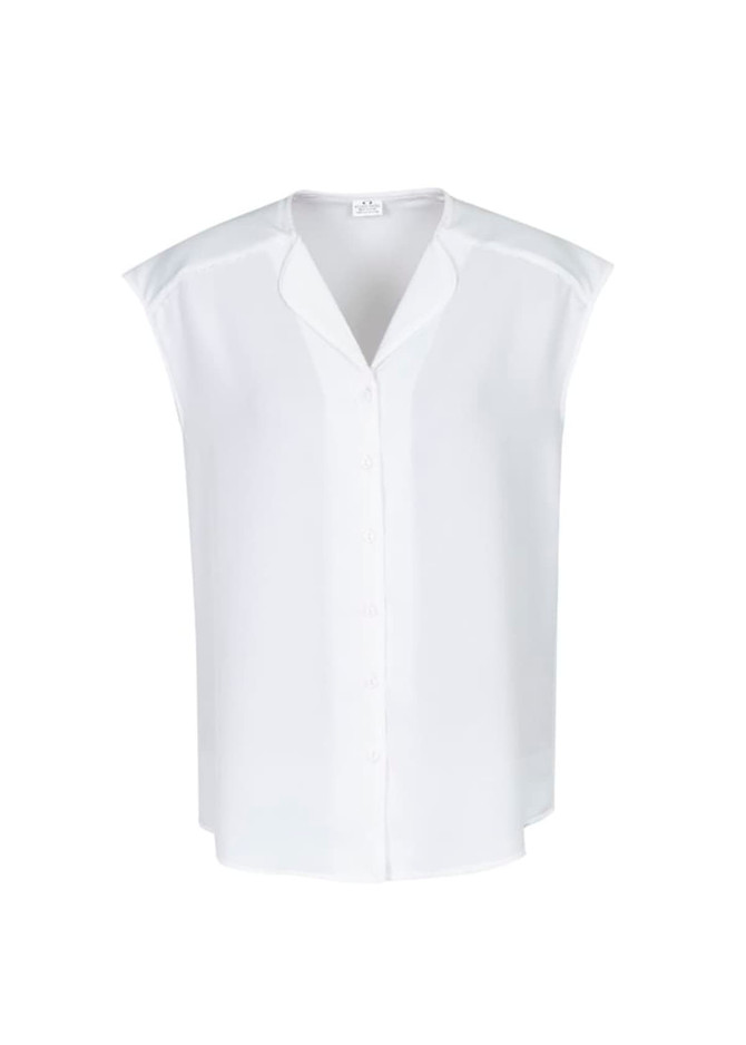 A white blouse with a collared neckline and short sleeves, featuring a button-down front and a relaxed fit.