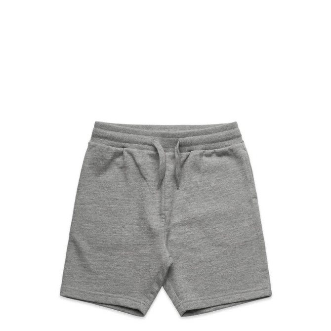 Grey youth stadium shorts with an elastic waistband and drawstring, featuring a small logo.