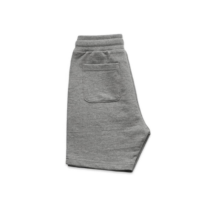 Grey youth stadium shorts made from soft fabric, featuring an elastic waistband and a single back pocket.