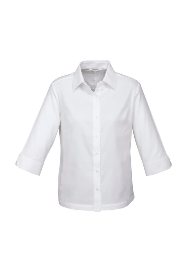 A white women's 3/4 sleeve button-up shirt with a collar and rolled sleeves, featuring a small logo.