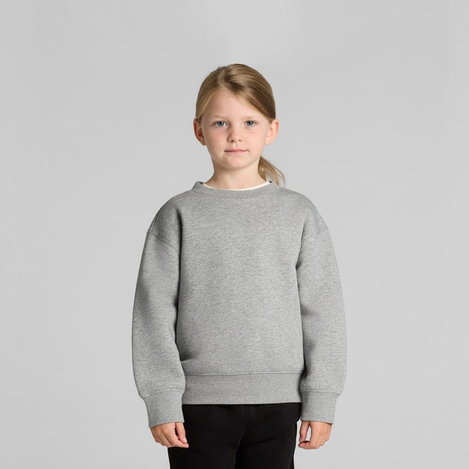 A grey jumper for kids, featuring a relaxed fit and long sleeves, with a branding logo on the front.
