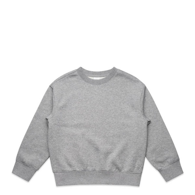A grey jumper with a crew neck and long sleeves, featuring a simple design and elasticised cuffs.