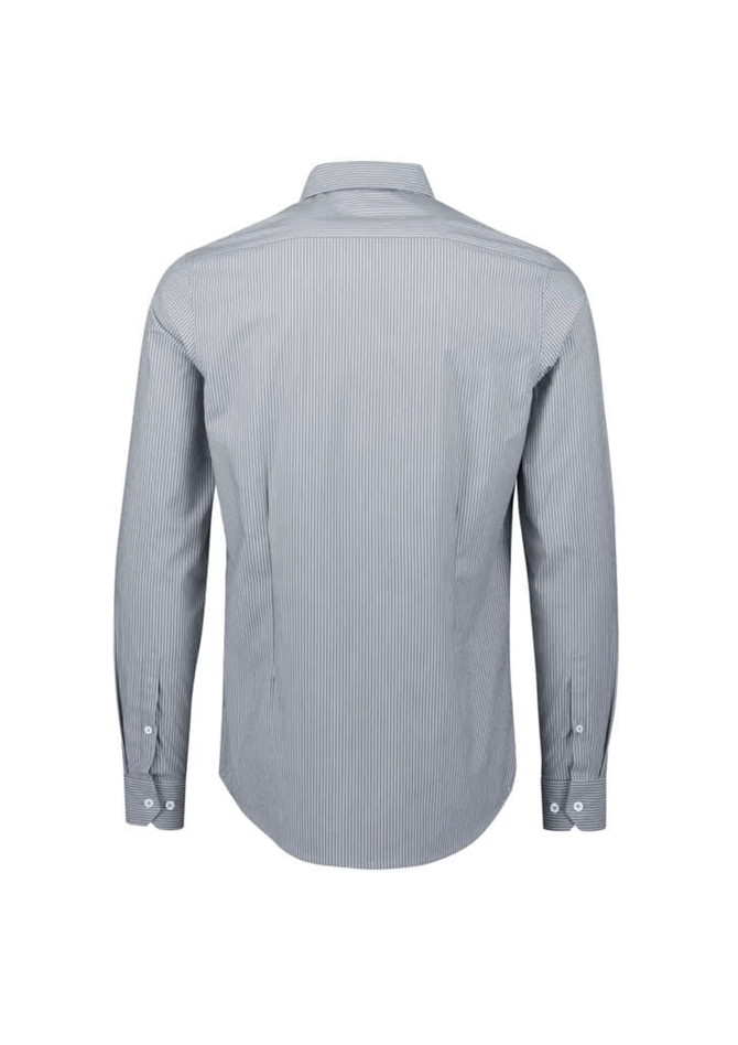 A tailored long sleeve shirt featuring a grey and white striped pattern and a button-up front.