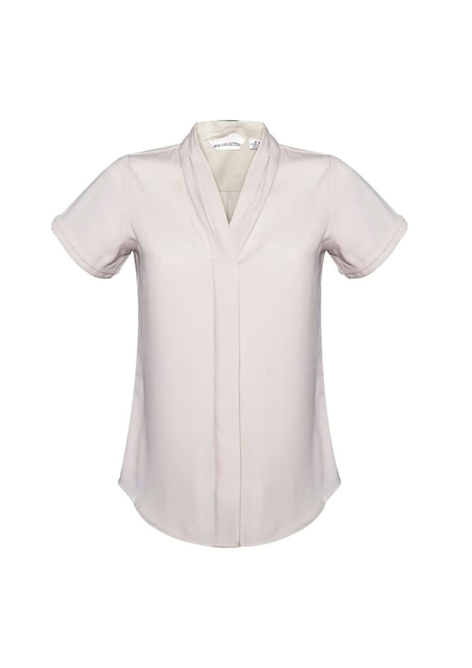 A short-sleeve women's button-up shirt in a light cream colour, featuring a v-neck design and rolled sleeves.