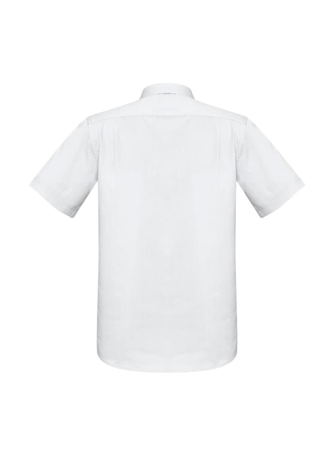 A short-sleeve, button-up shirt in white, featuring a back view and a logo detail.