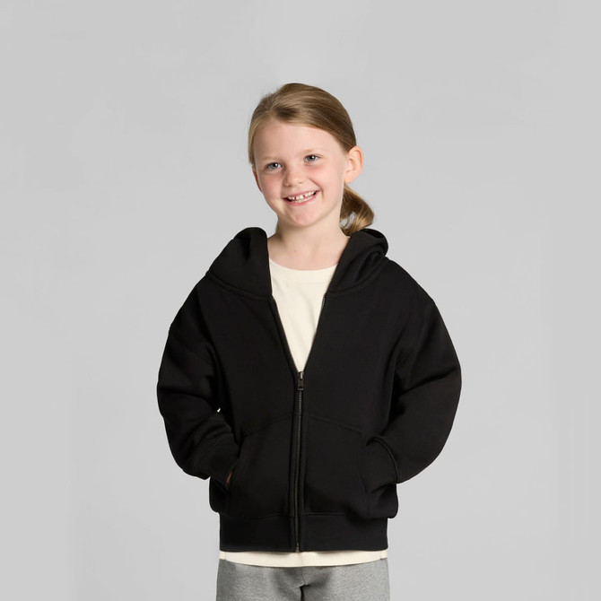 A black zip hooded jumper designed for kids, featuring a relaxed fit and front pockets.